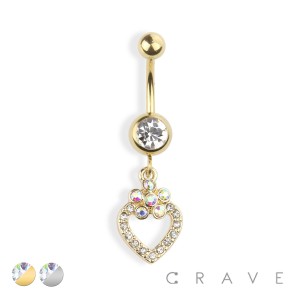 TWO TONE GEM HOOP HEART DANGLE 316L SURGICAL STEEL NAVEL RING