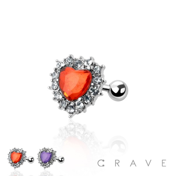 CZ DECORATED RACE HEART CARTILAGE, TRAGUS BARBELL