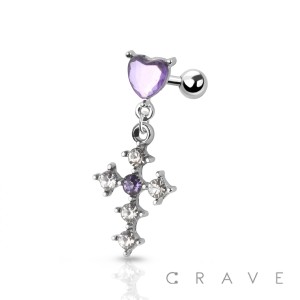 CZ DECORATED CROSS CHARM DANGLE HEART CARILAGE, TRAGUS, BARBELL