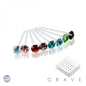 36PCS OF 925 STERLING SILVER PRONG SET CZ MIXED COLOR NOSE PIN PACKAGE