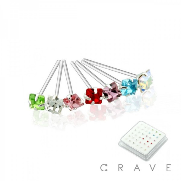 25PCS OF PRONG SET SQUARE CZ 925 STERLING SILVER MIXED COLOR NOSE PIN PACKAGE
