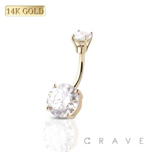 14K Gold DOUBLE PRONG SET ROUND CZ NAVEL RING