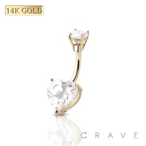 14Kt Gold PRONG SET HEART CUBIC ZIRCONIA NAVEL RING