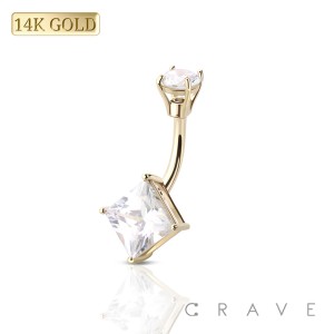14Kt Gold PRONG SET SQUARE CUBIC ZIRCONIA NAVEL RING