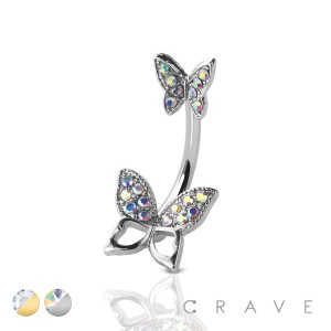 GOLD PLATED GEM PAVED DOUBLE BUTTERFLY 316L SURGICAL STEEL NAVEL RING