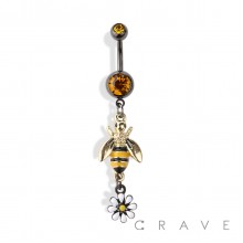 BUMBLEBEE AND FLOWER DANGLE 316L SURGICAL STEEL NAVEL RING
