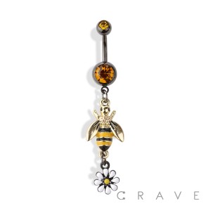 BUMBLEBEE AND FLOWER DANGLE 316L SURGICAL STEEL NAVEL RING