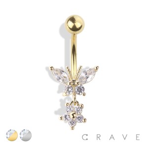 BUTTERFLY AND FLOWER DANGLE 316L SURGICAL STEEL NAVEL RING