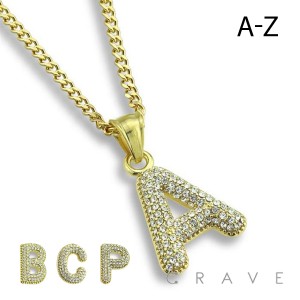 GOLD HIP HOP CZ STUDDED ALPHABET PENDANT WITH CHAIN NECKLACE