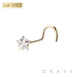 14Kt Gold NOSE SCREW FISH HOOK WITH STAR PRONG SET GEM
