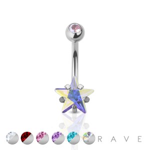 DOUBLE GEM PRONG SET STAR CZ 316L SURGICAL STEEL NAVEL RING