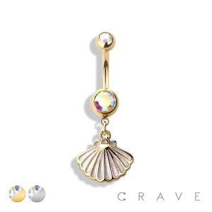 GLITTER SEA SHELL DANGLE 316L SURGICAL STEEL NAVEL RING (SUMMER)