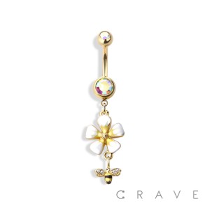 WHITE FLOWER WITH BEE DANGLE 316L SURGICAL STEEL NAVEL RING