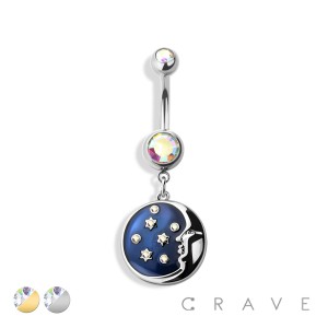 STARRY NIGHT MOON DISC DANGLE 316L SURGICAL STEEL NAVEL RING