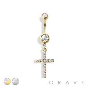 SIMPLE GEM CROSS DANGLE 316L SURGICAL STEEL NAVEL RING