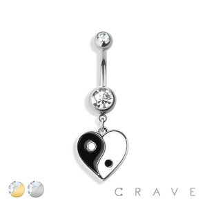 YING YANG HEART DANGLE 316L SURGICAL STEEL NAVEL RING