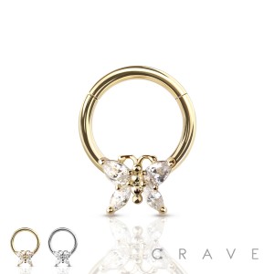 316L SURGICAL STEEL PRONG GEM BUTTERFLY FRONT SEGMENT RING FOR SEPTUM, HELIX, TRAGUS, CAPTIVE