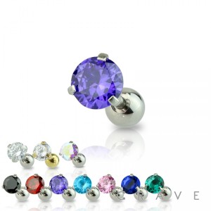 VIBRANT CZ PRONG SET 316L SURGICAL STEEL CARTILAGE/TRAGUS BARBELL