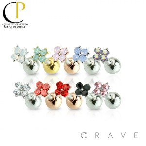 316L SURGICAL STEEL OPAL/CZ STONE FLOWER TOP CARTILAGE/TRAGUS BARBELL