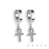 PAIR OF 316L STAINLESS STEEL HUGGIE/HOOP EARRINGS WITH ALLOY CZ PAVED ANKH EGYPTIAN CROSS