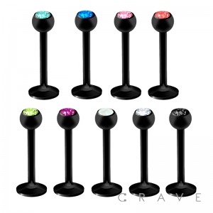 BLACK TITANIUM IP OVER 316L SURGICAL STEEL LABRET WITH COLOR GEM BALL SET