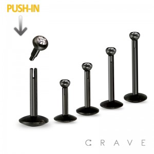 BLACK PVD PLATED OVER 316L SURGICAL STEEL PUSH-IN LABRETS WITH PRESS FIT FLAT GEM SET