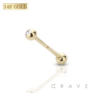14Kt Gold BARBELL WITH CLEAR GEM BALLS