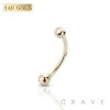 14K Gold internally threaded Curved Barbell with Clear gems