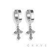 PAIR OF 316L STAINLESS STEEL HUGGIE/HOOP EARRINGS WITH ALLOY CZ PAVED GOTHIC CROSS