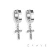 PAIR OF 316L STAINLESS STEEL HUGGIE/HOOP EARRINGS WITH ALLOY CZ PAVED DAGGER