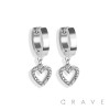 PAIR OF  316L STAINLESS STEEL HUGGIE/HOOP EARRINGS WITH ALLOY CZ PAVED LINE HEART