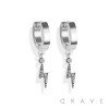 PAIR OF STAINLESS STEEL HUGGIE/HOOP EARRINGS WITH ALLOY CZ PAVED LIGHTNING BOLT