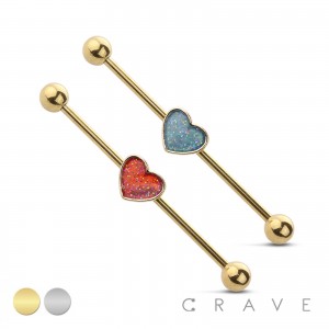 GLITTER HEART CENTER 316L SURGICAL STEEL INDUSTRIAL BARBELL