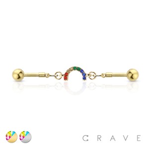 MULTICOLORED GEM CURVED LINKED 316L SURGICAL STEEL INDUSTRIAL BARBELL