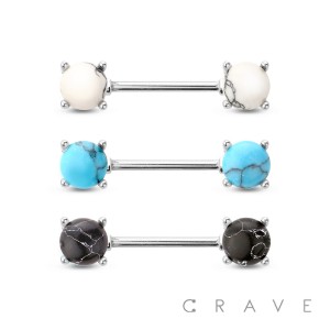 DOUBLE ROUND SEMI PRECIOUS STONE PRONG SET 316L SURGICAL STEEL NIPPLE BAR