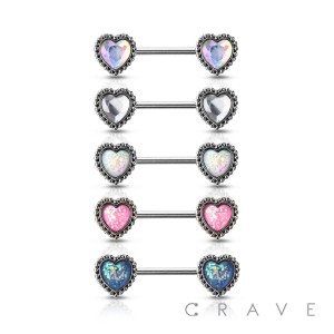 316L SURGICAL STEEL SYNTHETIC OPAL ANTIQUE HEART NIPPLE BAR