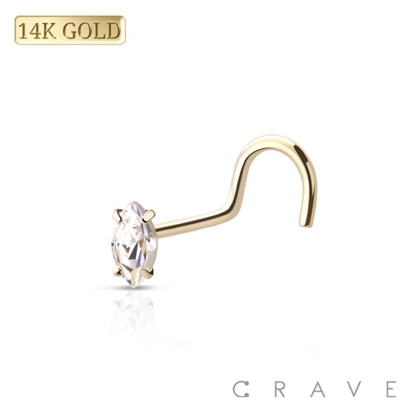 14K Gold NOSE SCREW FISH HOOK WITH MARQUISE PRONG SET GEM