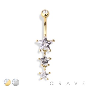 PRONG SET STAR THREE GEM CASCADE DANGLE CZ 316L SURGICAL STEEL NAVEL RING