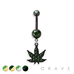 GREEN MARIJUANA POT LEAF DANGLE 316L SURGICAL STEEL NAVEL RING
