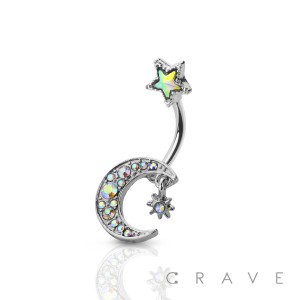 CZ STAR HANGIN' MOON WITH STAR TOP 316L SURGICAL STEEL NAVEL RING