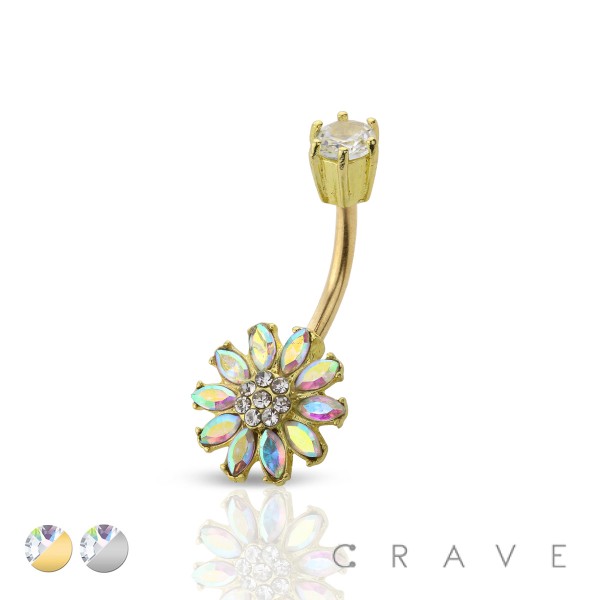 CZ FLOWER WITH CROW TOP 316L SURGICAL STEEL NAVEL RING