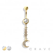 CZ MOON WITH STAR CASCADE WITH ROUND GLITTER 316L SURGICAL STEEL NAVEL RING