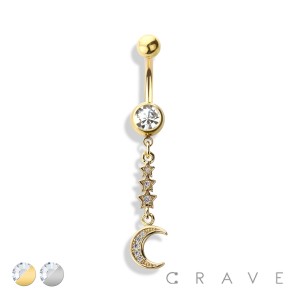 CZ MOON WITH STAR CASCADE WITH ROUND GLITTER 316L SURGICAL STEEL NAVEL RING