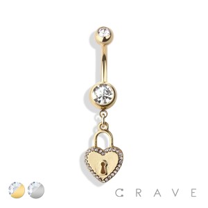 GEM HEART LOCKER DANGLE 316L SURGICAL STEEL NAVEL RING