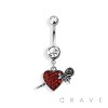 RED ENAMEL HEART WITH ROSE DANGLE 316L SURGICAL STEEL NAVEL RING (FLOWER)
