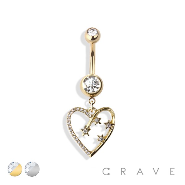 HEART WITH SHOOTING STARS DANGLE 316L SURGICAL STEEL NAVEL RING