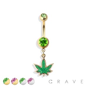 GLITTERED MARIJUANA DANGLE 316L SURGICAL STEEL NAVEL RING