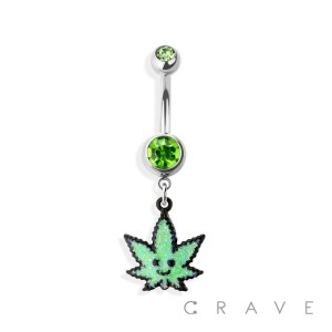 GLITTERED SMILE FACE MARIJUANA DANGLE 316L SURGICAL STEEL NAVEL RING