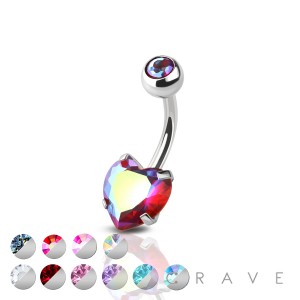 DOUBLE GEM PRONG SET HEART CZ 316L SURGICAL STEEL NON DANGLE BELLY RING