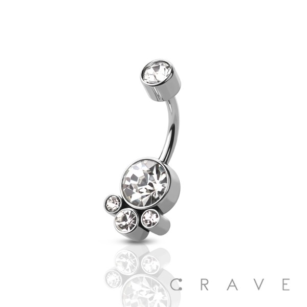 THREADLESS 316L SURGICAL STEEL PUSH IN BELLY RING WITH ROUND CLUSTER CRYSTAL STONE SET 